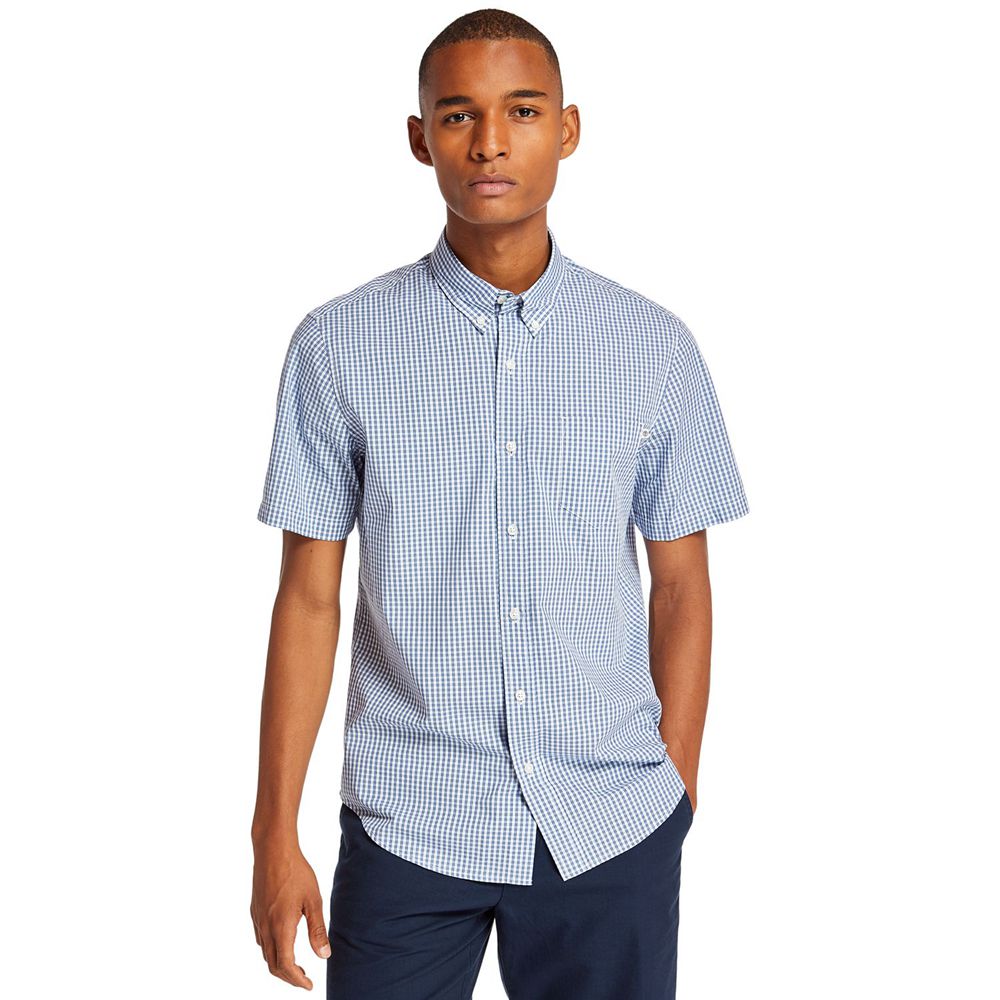 Timberland Mens Shirts Short-Sleeve Saco River Stretch - Blue - India OL3209154